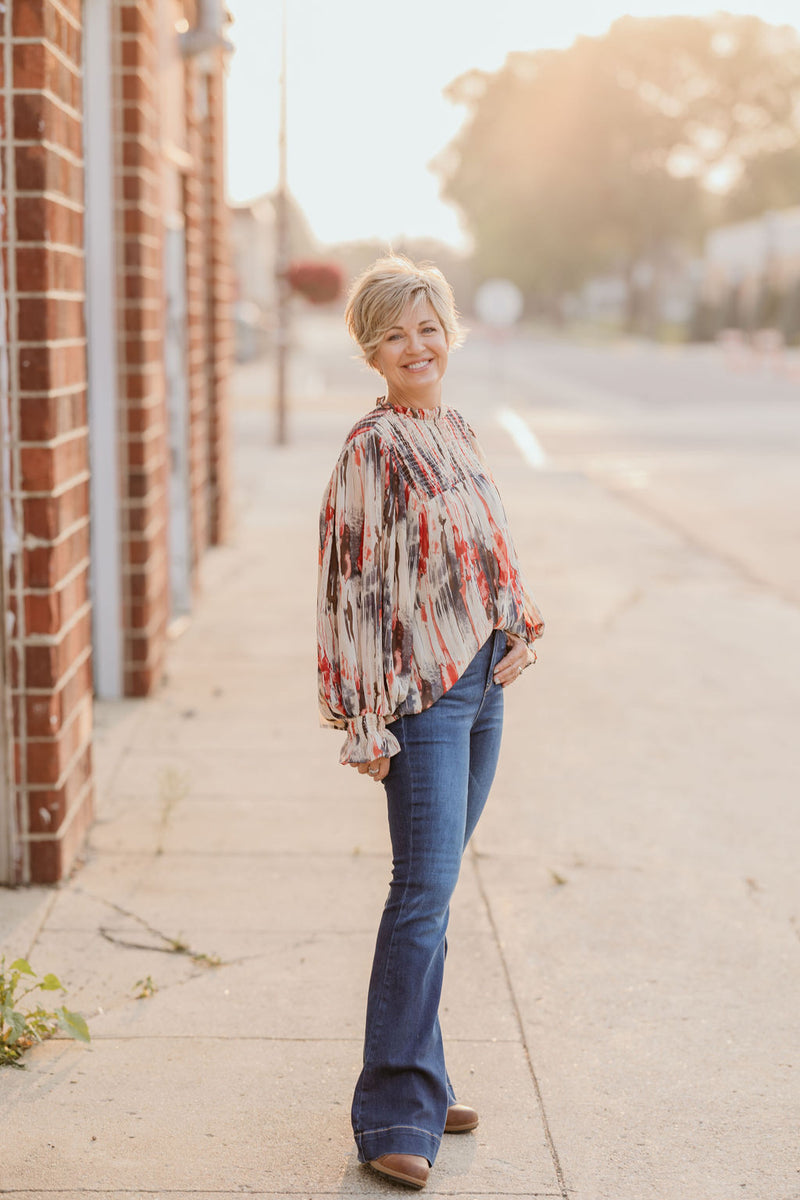Printed mock neck long sleeve top