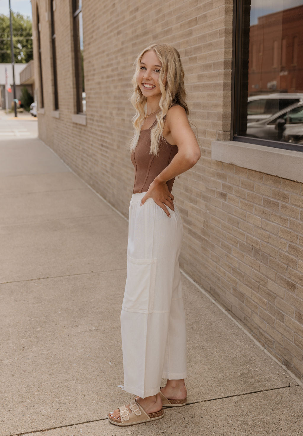 BRIELE CREAM LINEN TEXTURED WIDE LEG PANTS BY IVY & CO