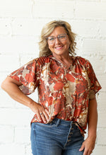 NESSA FLORAL BLOUSE WITH RUCHING AT SHOULDER