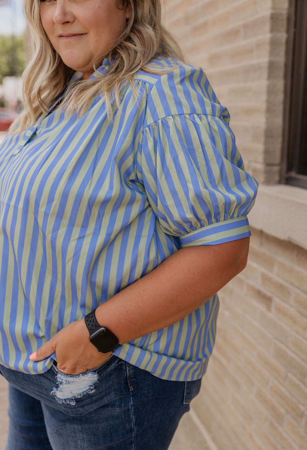 LESLIE CURVY GREEN AND BLUE STRIPED BLOUSE