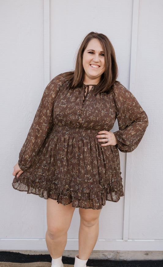 KASEY BROWN SHEER SLEEVE SHORT DRESS