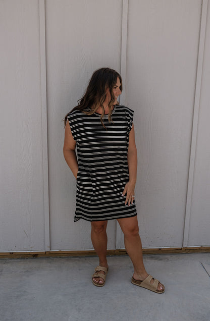 HAZEL BLACK AND CREAM STRIPE SHORT DRESS