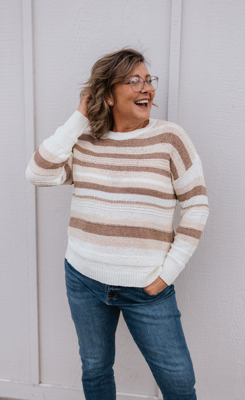 TRISTA TAUPE MULTI STRIPE SWEATER