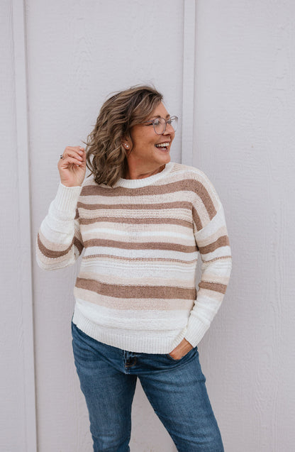 TRISTA TAUPE MULTI STRIPE SWEATER