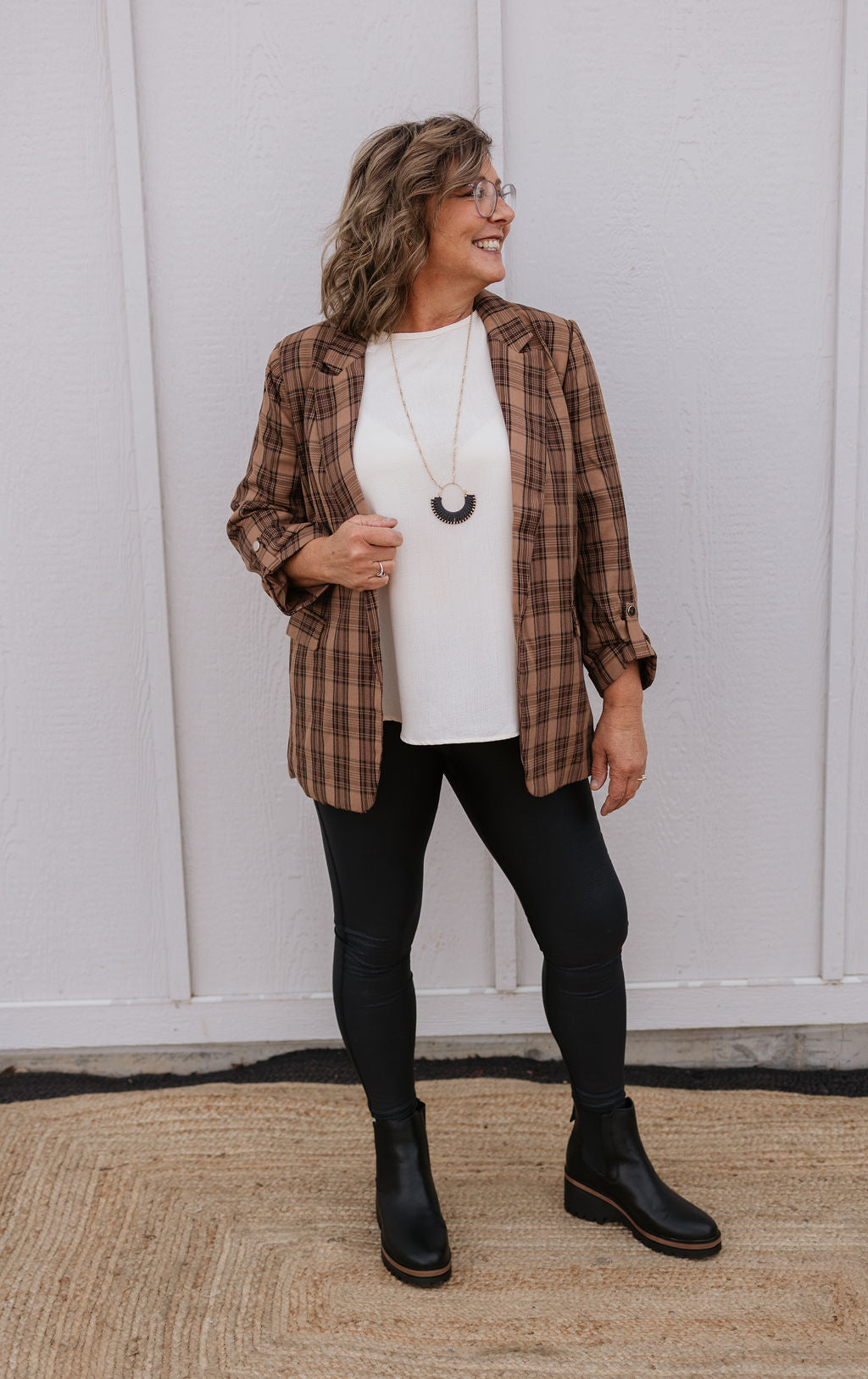 TINA CAMEL AND BLACK PLAID BLAZER