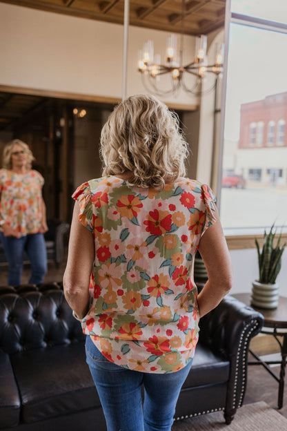 DIANE FLORAL RUFFLE SLEEVE TANK TOP