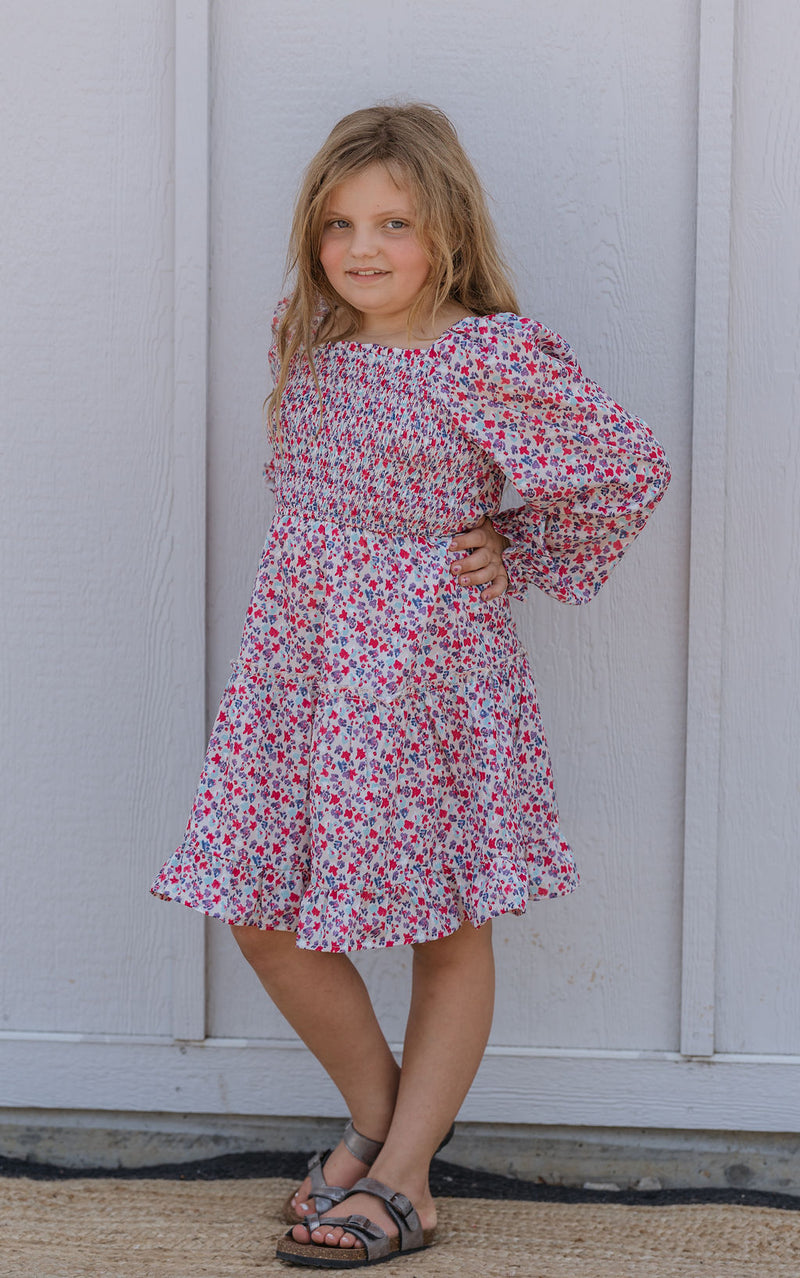 SHAY GIRLS PINK PURPLE AND BLUE FLORAL 3/4 SLEEVE DRESS
