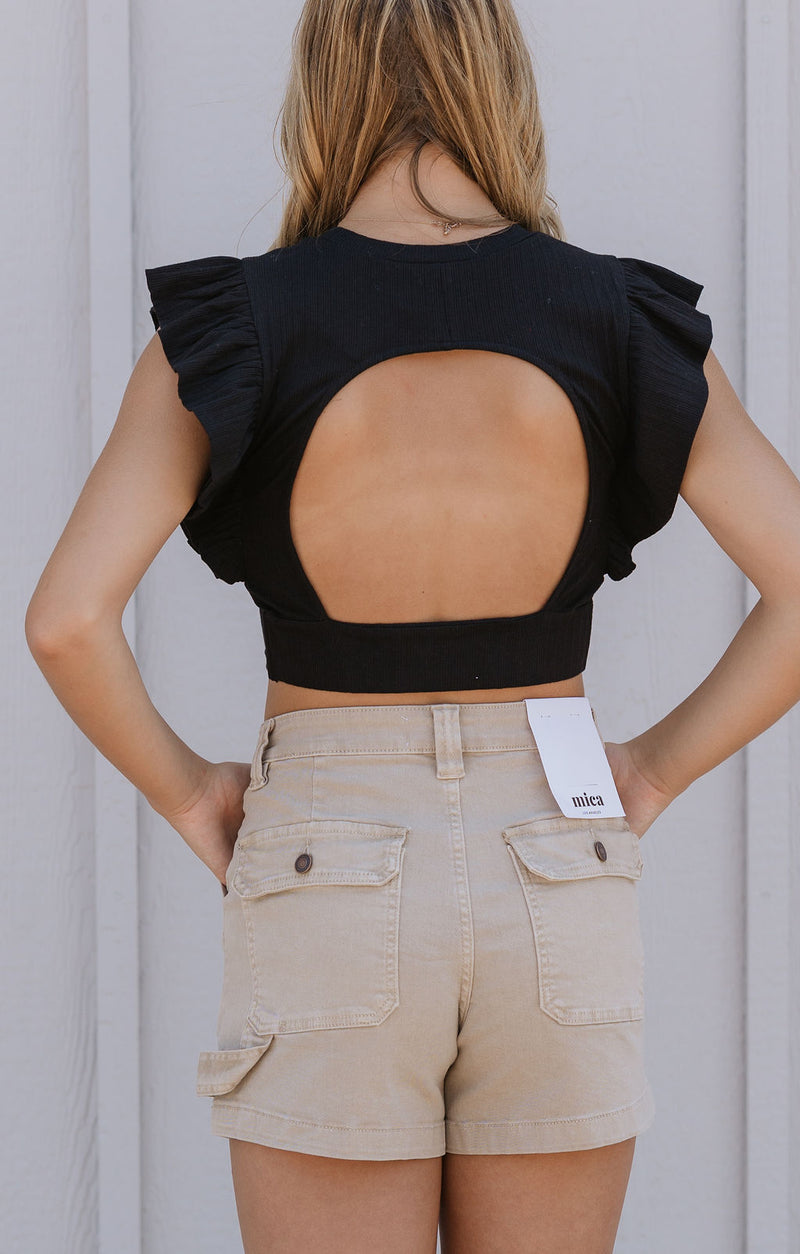 MASYN RIB KNIT RUFFLE DETAIL OPEN BACK CROP TOP 2 COLOR OPTIONS BY IVY & CO