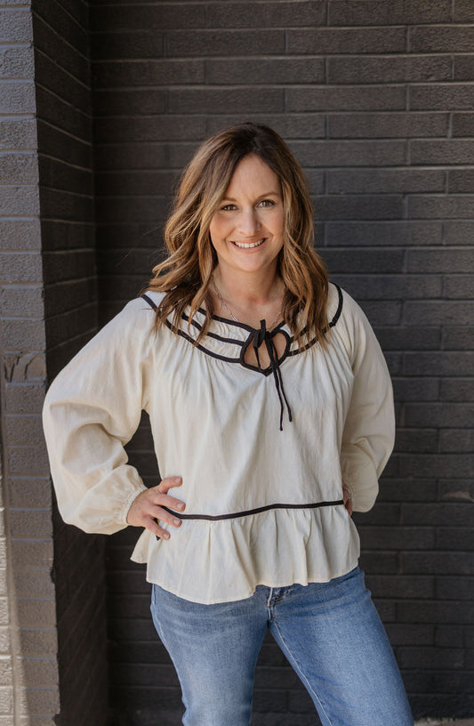 VERONICA CREAM BLOUSE WITH BLACK STITCHING