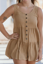 LIZA TAUPE BUTTON FRONT DETAIL ROMPER BY IVY & CO
