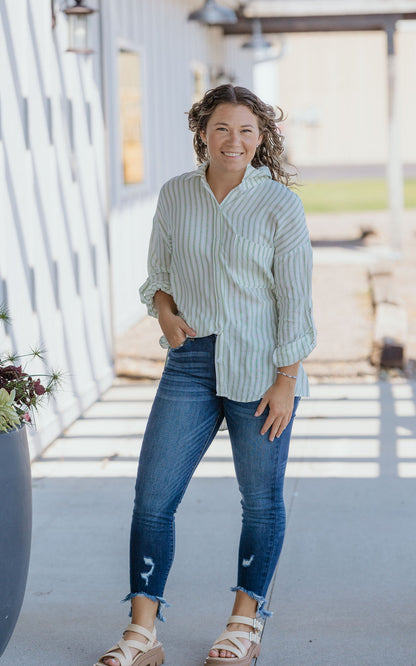 ROXANNE STRIPED SAGE BUTTON DOWN TOP