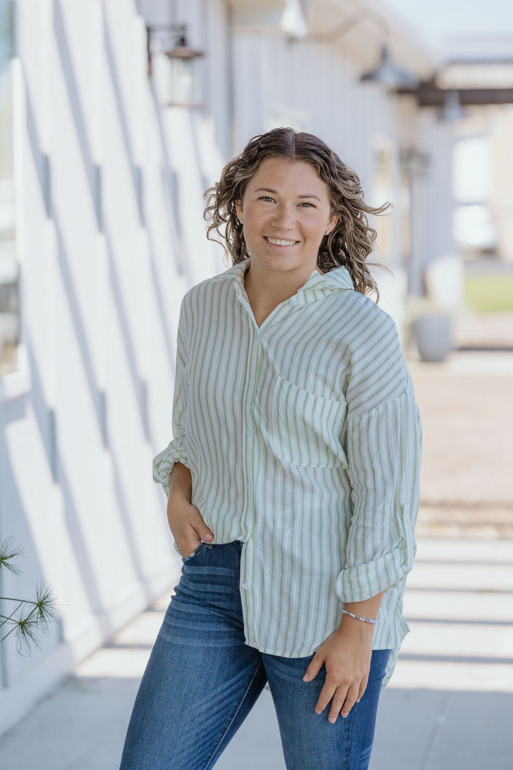 ROXANNE STRIPED SAGE BUTTON DOWN TOP