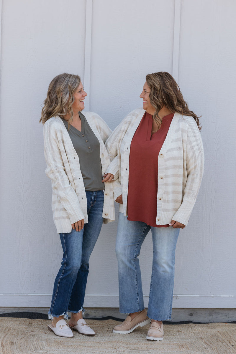 DONNA OATMEAL STRIPED BUTTON DOWN CARDIGAN AVAILABLE IN CURVY & REGULAR