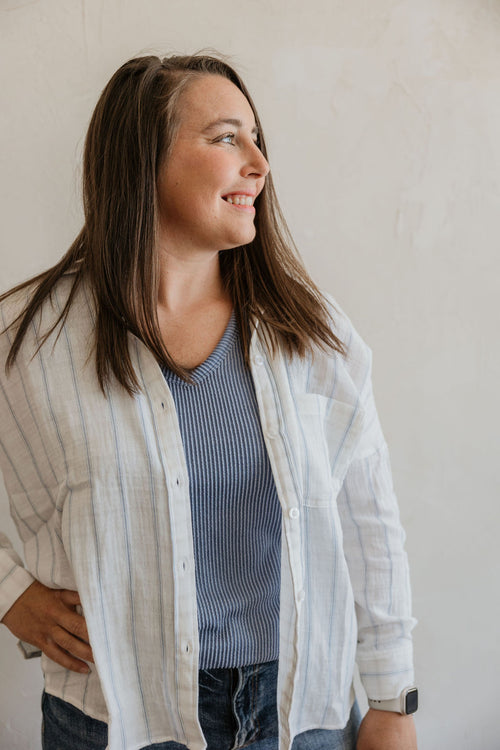 MARLOW IVORY & CHAMBRAY STRIPED BUTTON DOWN TOP