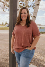 LUCEY RIBBED VNECK TOP WITH POCKET MULTIPLE COLOR OPTIONS