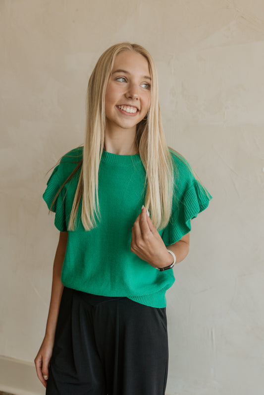 CASSIDY KELLY GREEN RUFFLE SLEEVE TOP