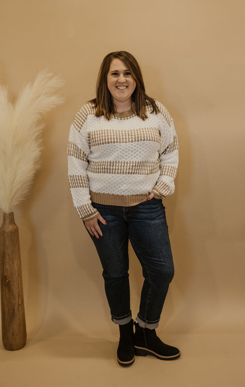 ROXY CAMEL AND WHITE STRIPED CABLE SWEATER