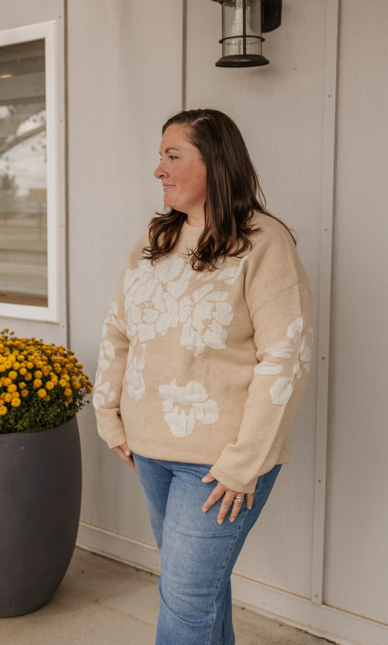 DONA OATMEAL FLORAL SWEATER AVAILABLE IN CURVY AND REGULAR