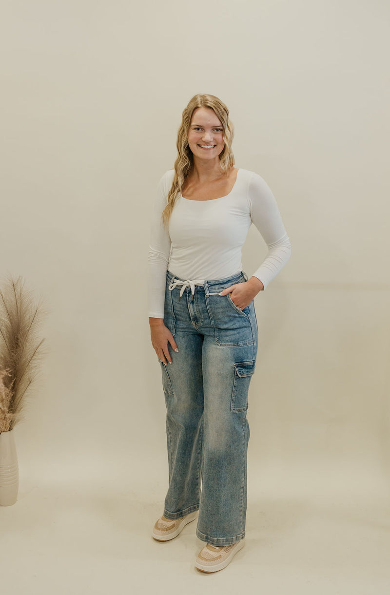 MADI MID RISE CARGO STYLE WIDE STRAIGHT JEANS BY IVY & CO