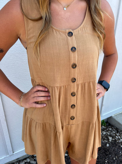 LIZA TAUPE BUTTON FRONT DETAIL ROMPER BY IVY & CO