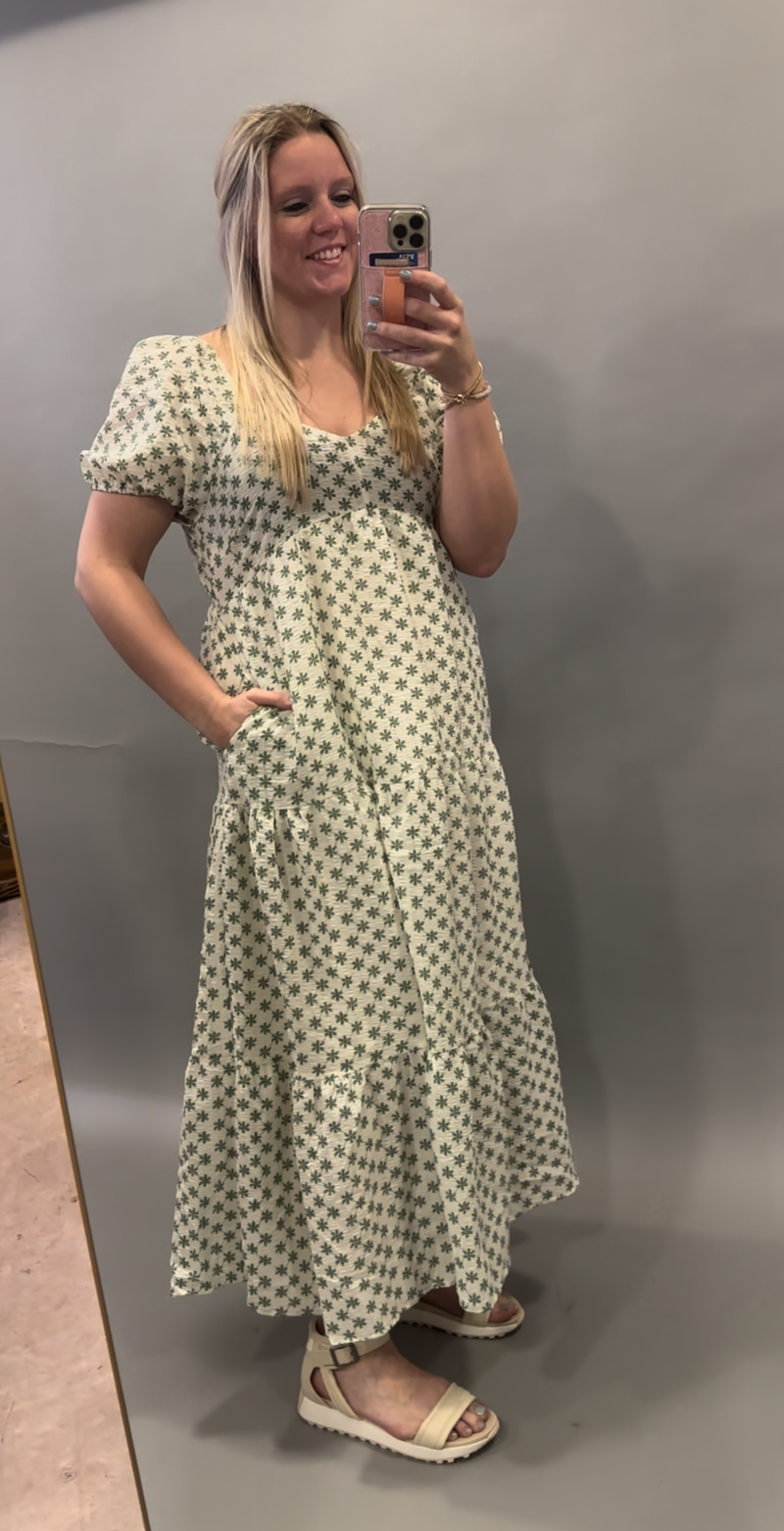 LIZZIE IVORY MAXI DRESS WITH GREEN FLOWERS