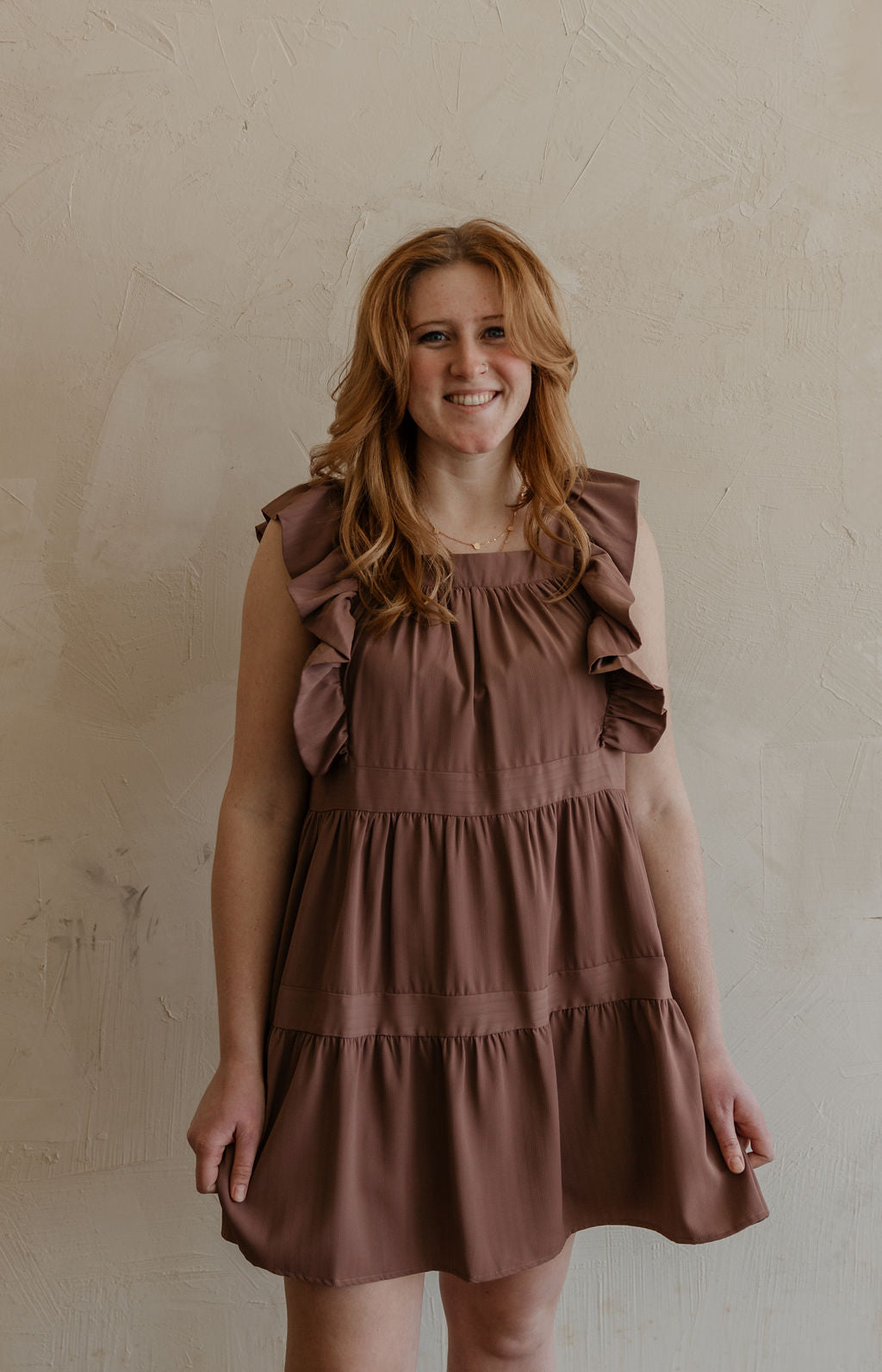 GEMINA RUFFLE SLEEVE MOCHA DRESS