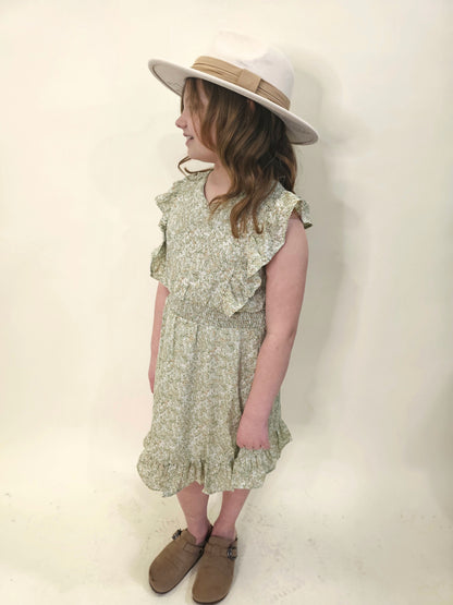 JAIMIE GIRLS FLORAL GREEN DRESS WITH RUFFLE SLEEVES