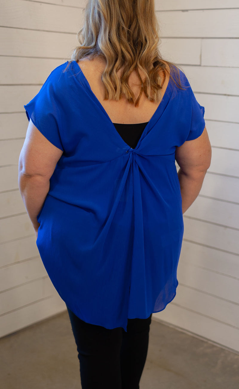 CURVY ROYAL BLUE BLOUSE WITH BACK KNOT DETAIL