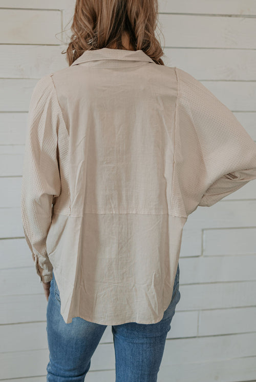 MELINDA NATURAL WAFFLE DETAIL BUTTON FRONT TOP