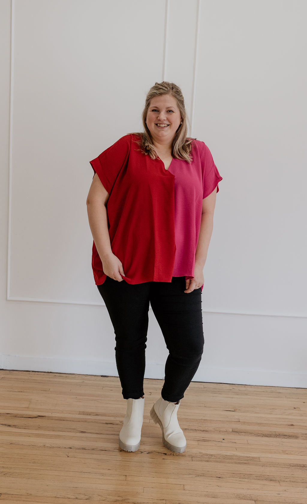 RUBIE COLORBLOCK CURVY BLOUSE PINK & RED