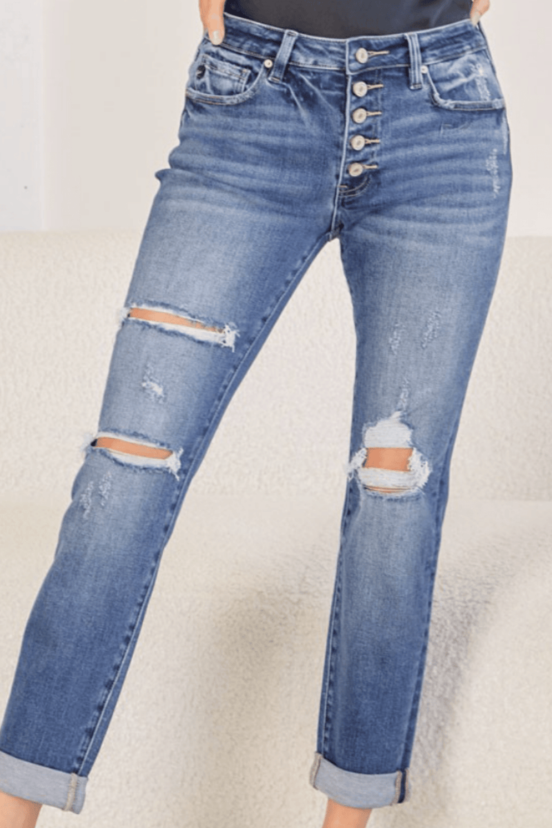 HIGH RISE BUTTON DOWN GIRLFRIEND JEANS BY IVY & CO