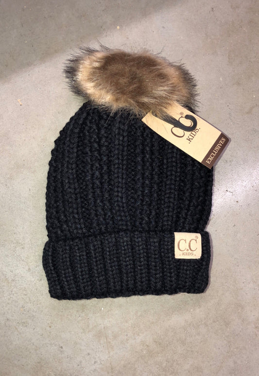 KIDS FUR LINED C.C. BEANIE WITH POM