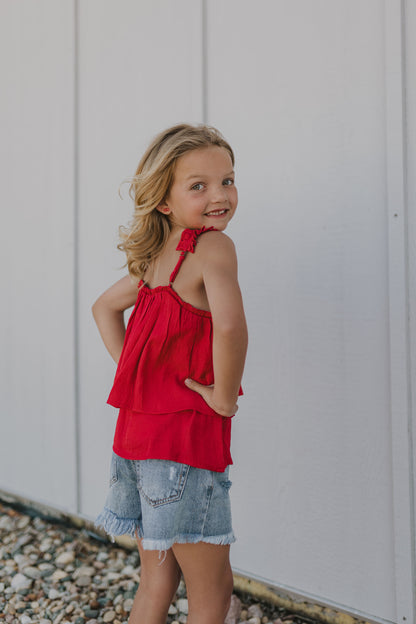 Girls tiered pleated strap tank top 2 color options