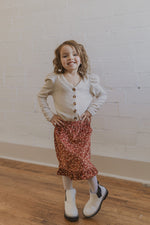 Girls Puff Shoulder Marled Knit Buttoned Cardigan
